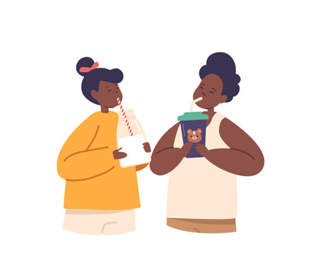 Kid Drinking Water, Milk, Soda Drink. Little Black Boy and Girl Characters with Cups Enjoying Beverage Refreshmentのイラスト素材