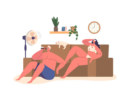 Characters Couple Endure Scorching Heat, Seeking Relief Through Hydration, And Protective Measures, Vector Illustrationのイラスト素材