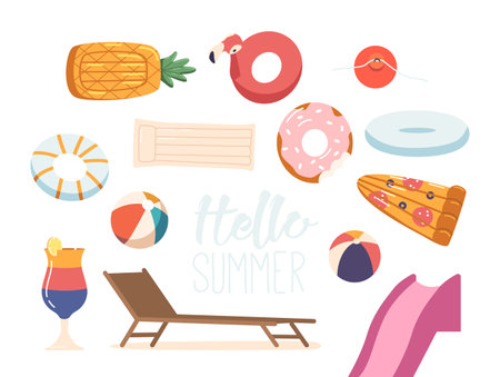 Set of Summer Elements. Daybed, Inflatable Rings and Mattresses, Cocktail, Beach Ball and Water Slide Isolated on Whiteのイラスト素材