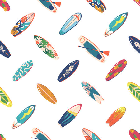 Vibrant Seamless Pattern Featuring Assortment Of Colorful Surfboards And Sup Boards. Tile Background With Beachy Vibesのイラスト素材