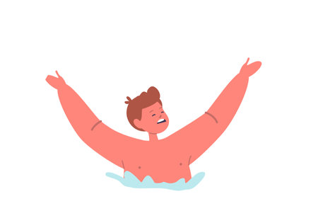 Distressing Situation, Drowning Child Boy Character Struggling In Water, Requiring Immediate Attention And Rescueのイラスト素材