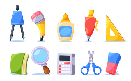 Cartoon School Supplies Compass, Pencil, Glue And Ruler. Textbook, Magnifier, Calculator And Scissors With Eraserのイラスト素材