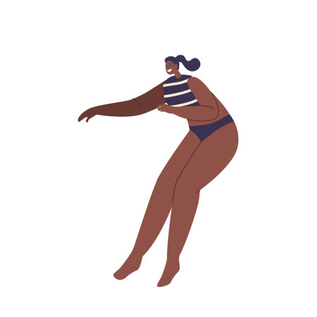 Energetic Black Woman Leaps Gracefully In Bikini Swimwear, Capturing The Essence Of Freedom And Joy In A Dynamic Mid-airのイラスト素材