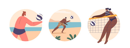 Isolated Round Icons or Avatars with Male and Female Characters Engaging In Beach Volleyball, Spiking The Ball Over Netのイラスト素材
