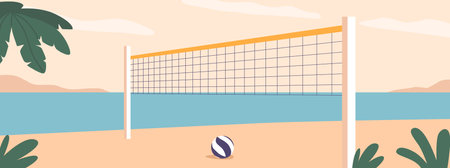 Vibrant Beach Scene With A Volleyball Net on sandy beach with Palms, Inviting Players To Engage In Friendly Matchesのイラスト素材