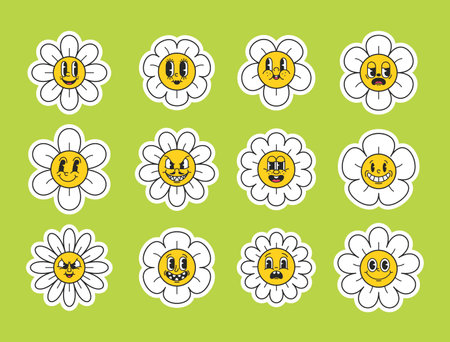 Retro Cartoon Y2k Daisies Showcasing Range Of Emotions, From Happiness To Sadness, Adding A Playful And Nostalgic Touchのイラスト素材