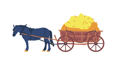 Rustic Horse Cart Loaded With Hay Isolated On White Background. Horse-drawn Vehicle Used For Transporting Goodsのイラスト素材