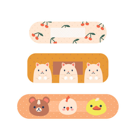 Medical Kit Plasters Featuring Adorable Patterns Of Cherry And Cute Animals For Kids,Making Boo-boos A Little Less Scaryのイラスト素材