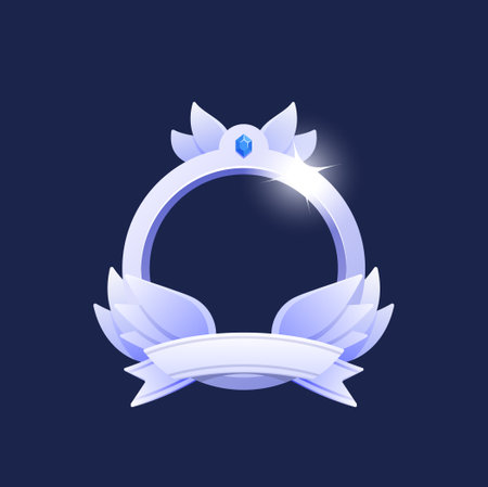 Game Rank Frame, Level Ui Icon, Empty Silver Or Steel Avatar Badge, Banner With Laurel Wreath, Vector Illustrationのイラスト素材