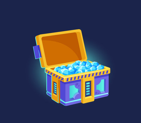 Cartoon Sci-fi Treasure Box With Neon Light Glow Isolated On Dark Background. Open Futuristic Chest Full Of Diamondsのイラスト素材
