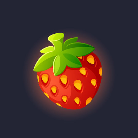 Cartoon Strawberry Game Icon. Vibrant And Enticing Glowing Garden Berry, Promising A Delightful And Addictive Gamingのイラスト素材
