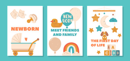 Banners With Baby Toys And Items. Templates For Baby Shower Party With Stroller, Pacifier, Socks And Balloons, Vectorのイラスト素材