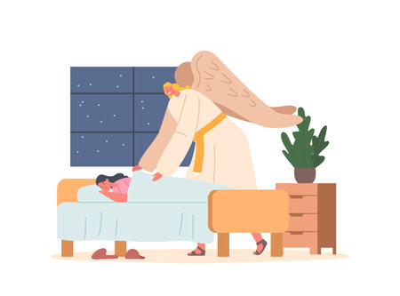 Angel Keeper Character Tenderly Covering Child With A Cozy Blanket, Providing Comfort And Protection In A Gentle Embraceのイラスト素材