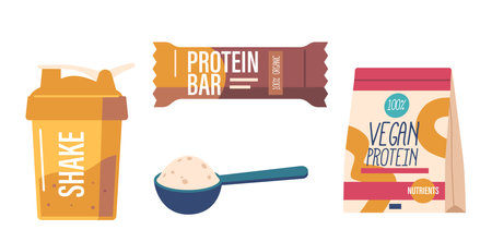 Sports Nutrition Vegan Protein, Spoon with Powder, Shake and Bar Supplements Focuses On Optimizing Athletic Performanceのイラスト素材