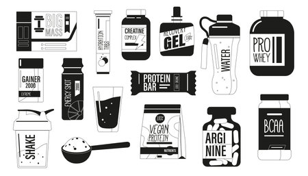 Sports Nutrition Black and White Icons Set, Specialized Dietary Food for Athlete Include Proper Hydration, Macronutrientのイラスト素材