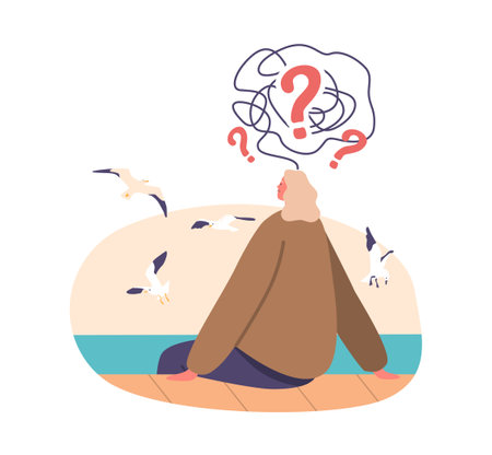 Anxious Woman Sits At The Pier, Gazing At The Sea, Contemplating Solutions To Her Problems, Seeking Solaceのイラスト素材