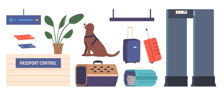 Set Of Icons Travel With Animals Theme. Passport Control Desk, Dog And Cat In Carrier Waiting For Crossing The Borderのイラスト素材
