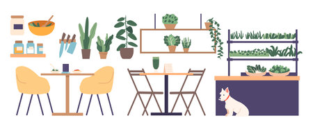 Vegan Restaurant Equipment and Furniture Isolated Icons Set. Tables, Chairs, Shelf with Microgreens and Plants, Spicesのイラスト素材
