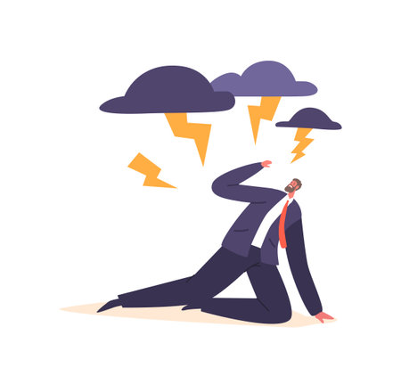 Lightning-phobic Male Character Experiences Extreme Fear And Anxiety In Presence Of Lightning Bolts, Seeking Shelterのイラスト素材