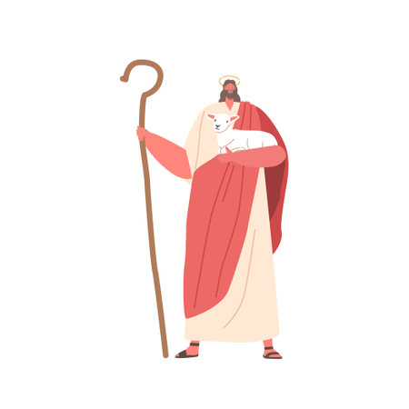 Jesus Christ Biblical Character Holding A Lamb And A Staff, This Image Symbolizes His Role As The Gentle Shepherdのイラスト素材