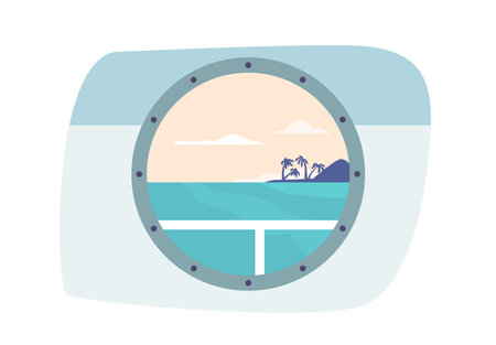 Ship Porthole With A Beautiful Seascape View, Offering A Glimpse Into The Vast Ocean, Creating A Serene Ambianceのイラスト素材