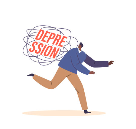 Fear and Phobia Psychological Concept. Male Character Runs From Depression, Consumed By Fear, Pursuit Of Freedomのイラスト素材