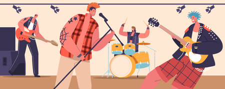 Rebellious Musicians Creating Loud, Fast-paced Music With Guitars. Punk Rockers Pushing Boundaries Vector Illustrationのイラスト素材
