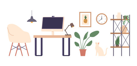 Set of Icons Desk, Computer, Lamp and Shelf. Houseplant, Wall Picture and Clock with a Cat. Functional Workspace Itemsのイラスト素材