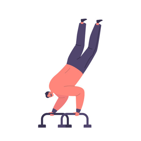 Athletics Man Performing A Handstand Exercise On The Calisthenics Bars. Male Character Sportsman Doing Workoutのイラスト素材
