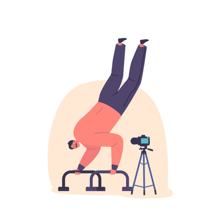 Man Performing A Handstand Exercise On The Calisthenics Bars And Recording Video Tutorial On Camera For Streamsのイラスト素材