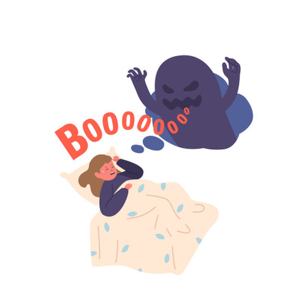 Terrified Child Lying on the Bed, Eyes With Tears and Fear, As The Shadowy Presence Of A Ghost Looms Nearbyのイラスト素材