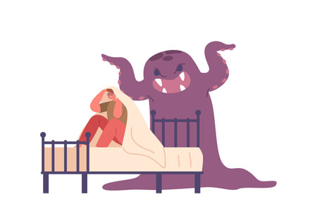 Kids Nightmare, Terrified Phobia. Little Scared Trembling Boy Sit on Bed under Blanket Hiding from Frightening Ghostのイラスト素材