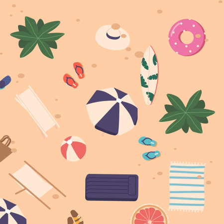 Seamless Pattern With Beach Items Top View. Repeated Background With Inflatable Ring, Umbrella, Beach Chair, Towelのイラスト素材