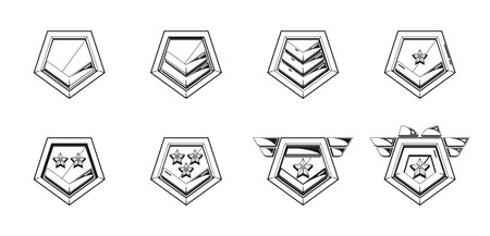 Black And White Rank Badges, Vector Monochrome Symbols Worn On Uniforms To Indicate An Individual Positionのイラスト素材