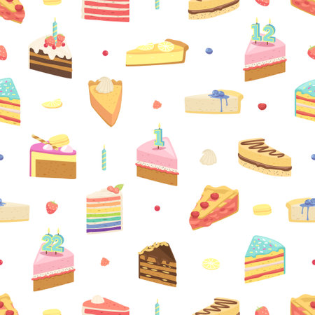 Seamless Pattern Featuring Delightful Cake Slices. Festive Pastry and Desserts In Various Flavors And Designsのイラスト素材