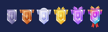 Game Achievement Badges, Metallic Level Ui Icons, Iron, Bronze, Silver Or Steel, Gold, And Platinum Banners With Wingsのイラスト素材