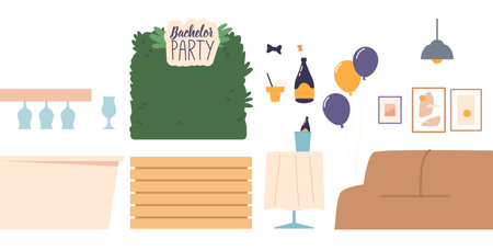 Set of Items for Bachelor Party Celebration. Room Decor, Streamers, Balloons, And Drinks, Furniture Setting Restaurantのイラスト素材