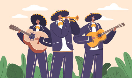 Mariachi Band, Lively Ensemble Of Mexican Musician Characters In Traditional Charro Outfits, Playing Trumpet, Guitarのイラスト素材