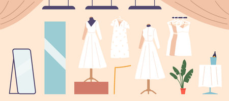 Set Of Elegant Wedding Salon Items. Dresses On Mannequins, Mirror, Houseplant, Table With Champagne And Lampsのイラスト素材