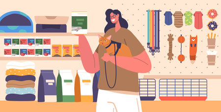 Pet Owner Female Character Browsing Shelves, Selecting Food For Cat In A Bustling Pet Store. Gentle Purrs Fill The Airのイラスト素材