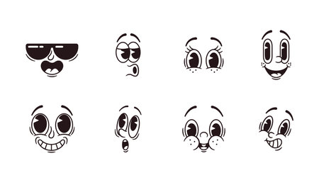 Retro Cartoon Emoji Set, Nostalgic Collection Of Vintage-inspired Emoticons. Cool, Whistle, Smile And Surprised Facesのイラスト素材