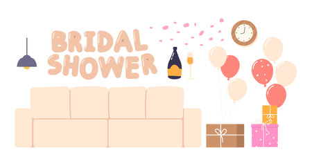 Set of Icons for Bridal Shower Celebration. Sofa, Lamps, Balloons and Champagne with Gift Boxes. Room Interior Elementsのイラスト素材