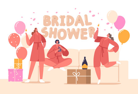Female Friends Characters Gather To Honor The Bride-to-be With A Joyous Bridal Shower. Share Gifts, Laughter, And Wishesのイラスト素材