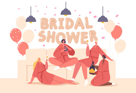 Girl Friends Characters Gather To Honor The Bride-to-be With A Joyful Bridal Shower, Filled With Games, Gifts, And Loveのイラスト素材
