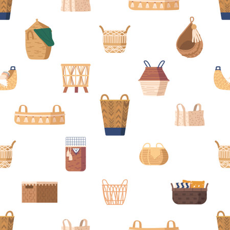 Seamless Pattern Featuring Wicker Baskets, Creating A Rustic And Textured Design. Tile Background With Cozy Decorのイラスト素材