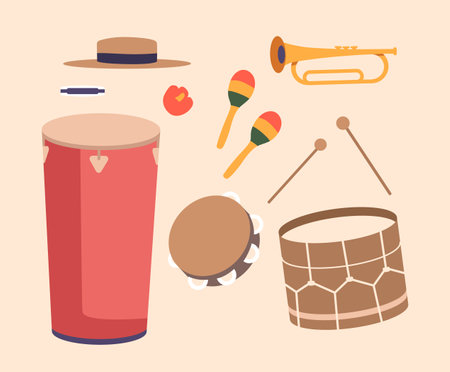 Latino Music Icons Set. Hat, Drum With Sticks, Harmonica And Tambourine With Maracas And Trumpet. Isolated Elementsのイラスト素材