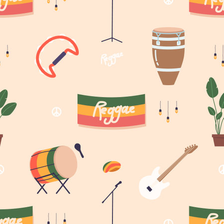 Vibrant Seamless Pattern Featuring Reggae Music Elements Such As Guitars, Drums, And Rastafarian Symbols, Vectorのイラスト素材