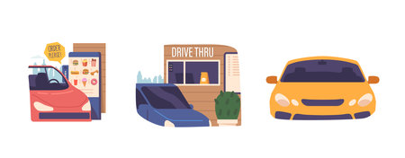 Drive Thru, Convenient Service Allowing Customers To Order And Receive Food Or Services From Their Vehicles, Vectorのイラスト素材