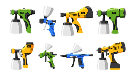 Set of Spray Guns. Handheld Devices Used For Spraying Liquids, Like Paint Or Pesticides, Onto Surfaces, Vectorのイラスト素材