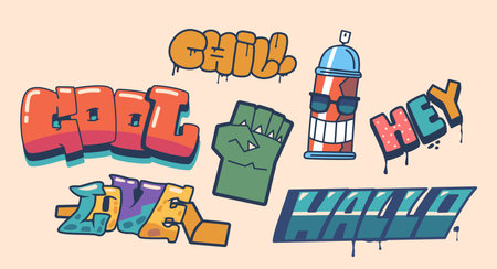 Street Art Graffiti Lettering Set. Cool, Chill, Hey, Hallo And Love Hand Drawn Text And Words. Paints Balloonのイラスト素材